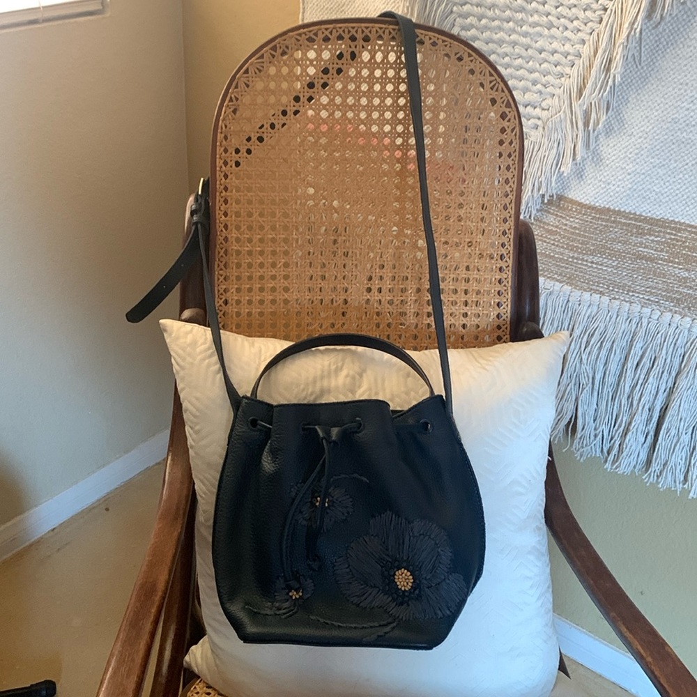 The Sak Ivy Drawstring Bucket Indigo Flower Embroidery Crossbody